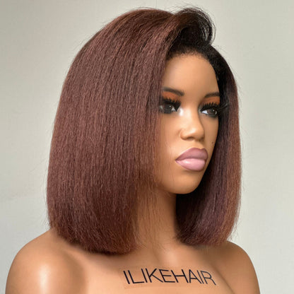 Put on & Go Ombre Brown Kinky Straight Bob HD Lace With Kinky Edges Wig