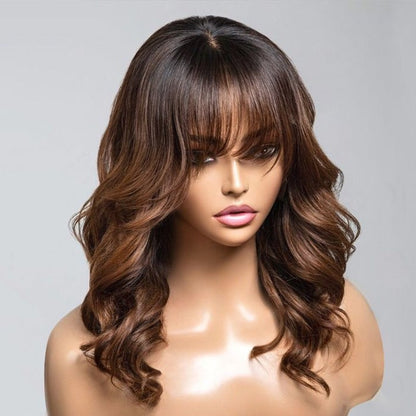 Ombre Chestnut Brown Layered Curtain Bangs Wavy Lace Front Wig