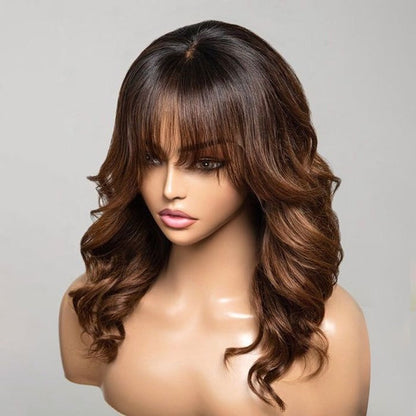 Ombre Chestnut Brown Layered Curtain Bangs Wavy Lace Front Wig