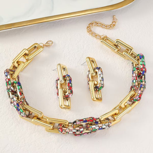 Dazzling Gold & Crystal Link Chain Necklace & Earring Set | Statement Chunky Designer Jewelry for Women