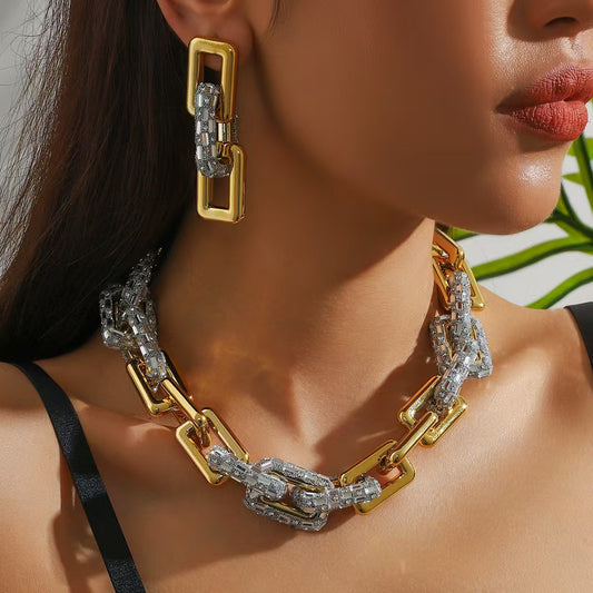 Dazzling Gold & Crystal Link Chain Necklace & Earring Set | Statement Chunky Designer Jewelry for Women