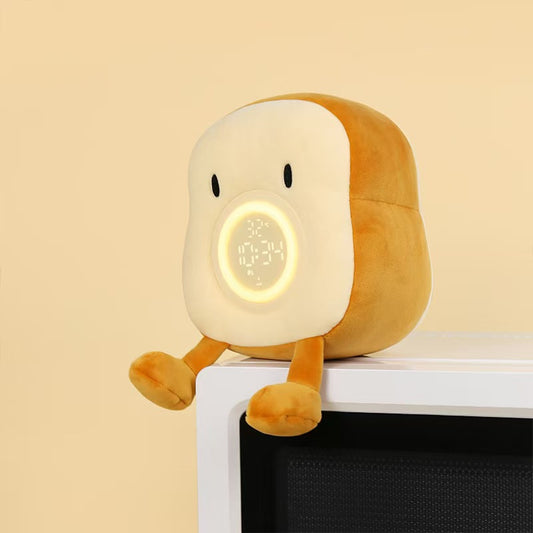 Cute Toast Alarm Clock Night Light - Dimmable LED Bedside Lamp with Phone Holder & Timer