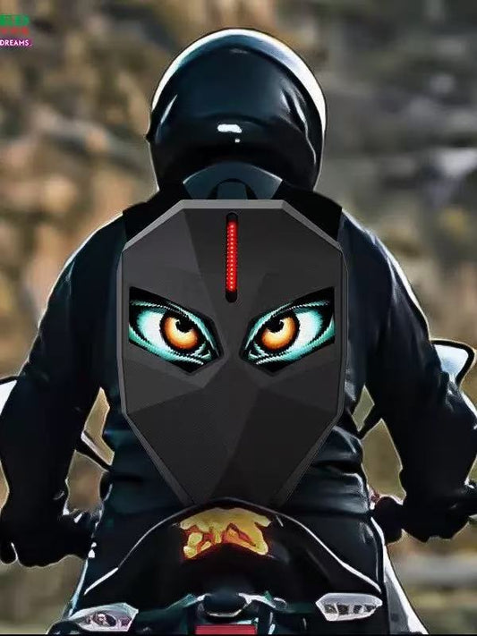 "LED Motorcycle Hard Shell Backpack | Futuristic Light-Up Biker Bag with Eyes"