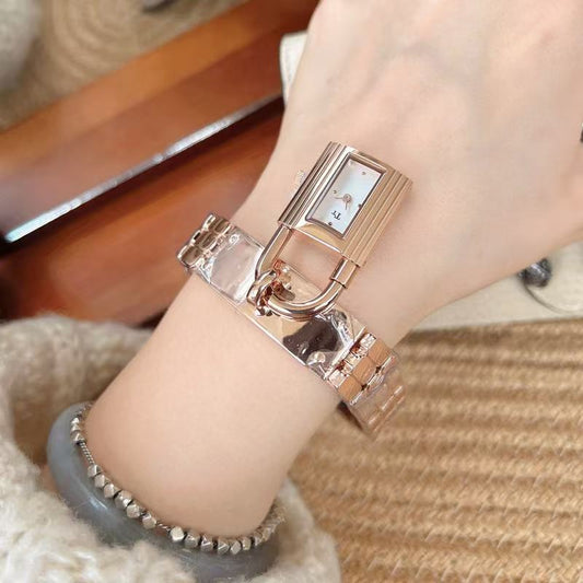 Unique Women's Red Dial Luxury Watch - Fashionable Padlock Design Bracelet Wristwatch