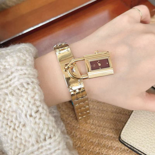 Unique Women's Red Dial Luxury Watch - Fashionable Padlock Design Bracelet Wristwatch