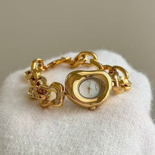 Unique Gold Chain Watch for Women - Chunky Irregular Case Mother-of-Pearl Quartz Wristwatch