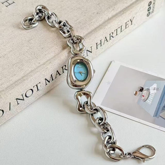 Unique Gold Chain Watch for Women - Chunky Irregular Case Mother-of-Pearl Quartz Wristwatch