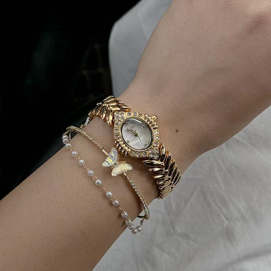 Elegant Women's Luxury Bangle Watch with Leaf Design - Top-Rated Diamond Wristwatch