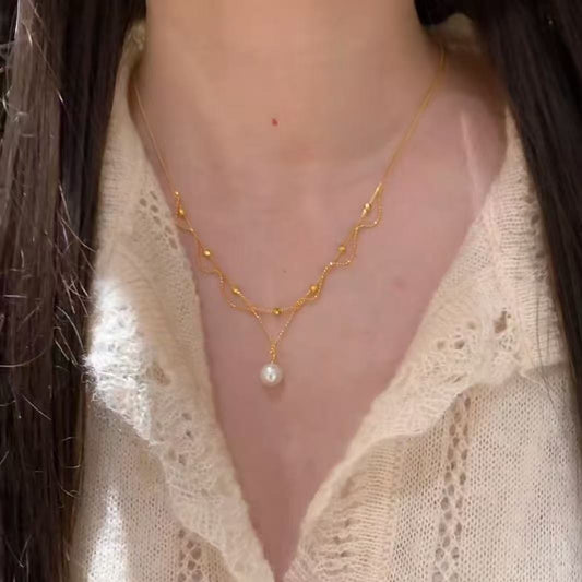 925 Sterling Silver Necklace with Freshwater Pearl Drop, Unique Wave Design, Minimalist Jewelry