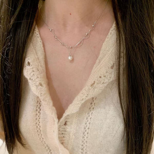 925 Sterling Silver Necklace with Freshwater Pearl Drop, Unique Wave Design, Minimalist Jewelry
