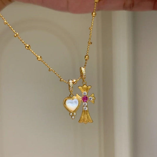 Gold Plated Heart & Cross Necklace, Sterling Silver, Unique Two-Pendant Layered Look for Women