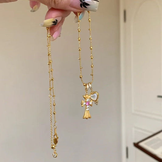 Gold Plated Heart & Cross Necklace, Sterling Silver, Unique Two-Pendant Layered Look for Women