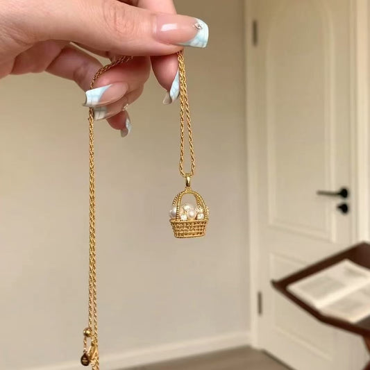 Handmade Gold Plated Pearl Basket Necklace for Women, Sterling Silver, Unique Pearl Jewelry