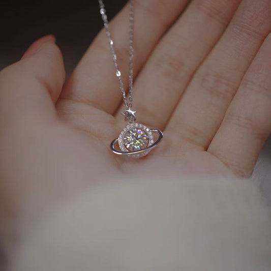 Sparkling Saturn Planet Necklace - 925 Sterling Silver Dainty Celestial Jewelry for Women