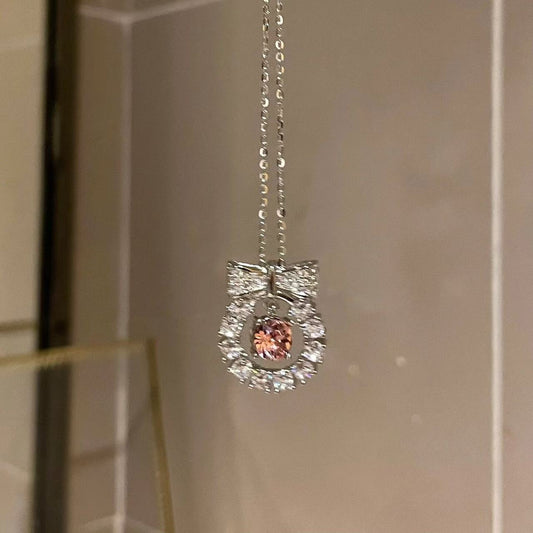 Sterling Silver Bow Knot Necklace, Pink Gemstone Wreath Pendant, Dainty Jewelry Gift for Women