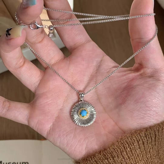 Sterling Silver Medallion Necklace, Turquoise Stone, Sunburst Design, Bohemian Jewelry for Women
