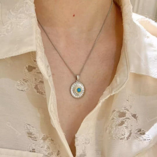 Sterling Silver Medallion Necklace, Turquoise Stone, Sunburst Design, Bohemian Jewelry for Women