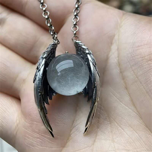 925 Sterling Silver Angel Wings Pendant Necklace, Healing Crystal Sphere, Gothic Jewelry