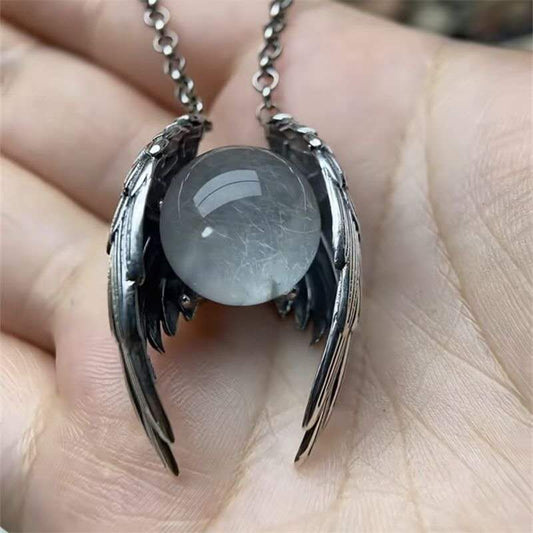 925 Sterling Silver Angel Wings Pendant Necklace, Healing Crystal Sphere, Gothic Jewelry