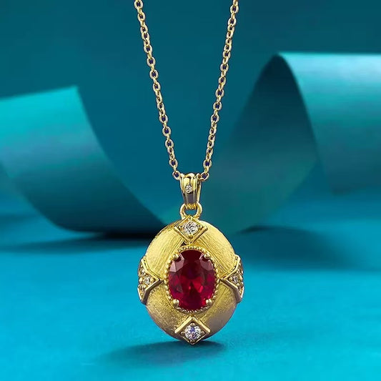 Vintage Inspired Red Ruby and Diamond Pendant Necklace for Women