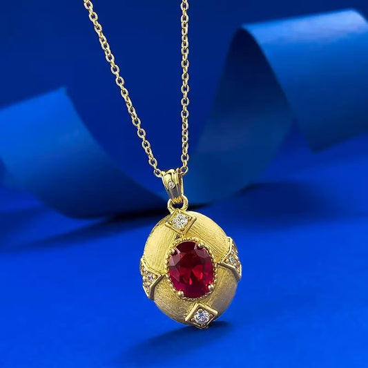 Vintage Inspired Red Ruby and Diamond Pendant Necklace for Women