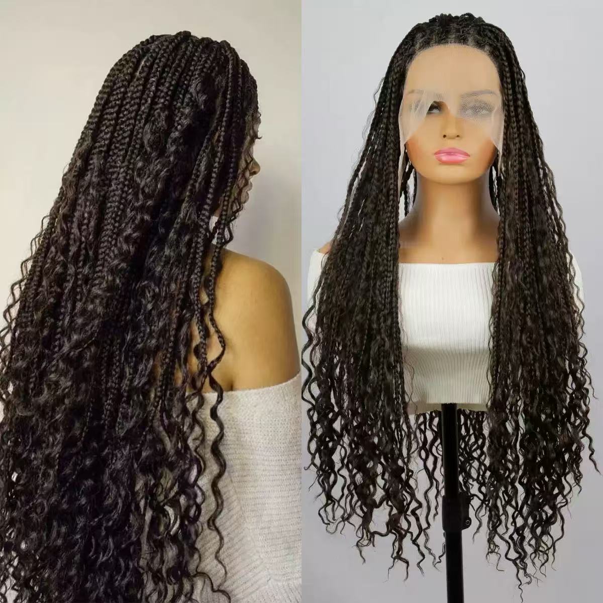 Light Weight Flexi-Fit Invisi Drawstring Cap Full Lace Knotless Boho Curls Braided Long Wig Super Natural Scalp - US Only