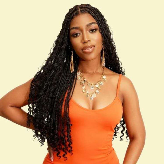 Light Weight Flexi-Fit Invisi Drawstring Cap Full Lace Knotless Boho Curls Braided Long Wig Super Natural Scalp - US Only