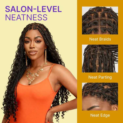 Light Weight Flexi-Fit Invisi Drawstring Cap Full Lace Knotless Boho Curls Braided Long Wig Super Natural Scalp - US Only