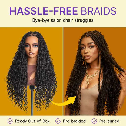 Light Weight Flexi-Fit Invisi Drawstring Cap Full Lace Knotless Boho Curls Braided Long Wig Super Natural Scalp - US Only