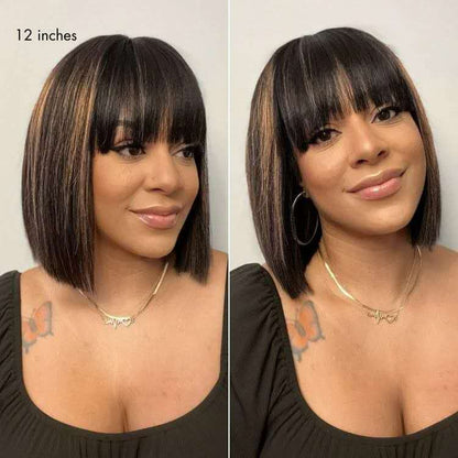 Put On and Go Realistic Glueless Yaki Straight Bob with Bangs Minimalist Lace Wig 100% Human Hair