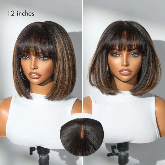 Put On and Go Realistic Glueless Yaki Straight Bob with Bangs Minimalist Lace Wig 100% Human Hair