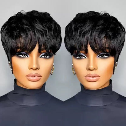 Put on & Go Layered Short Pixie Cut Human Hair Wig With Bang