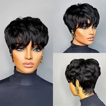 Put on & Go Layered Short Pixie Cut Human Hair Wig With Bang