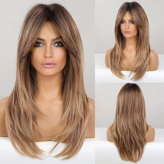 Long Layered Synthetic Hair Wigs for Women with Bang (Ombre Mixed Brown)