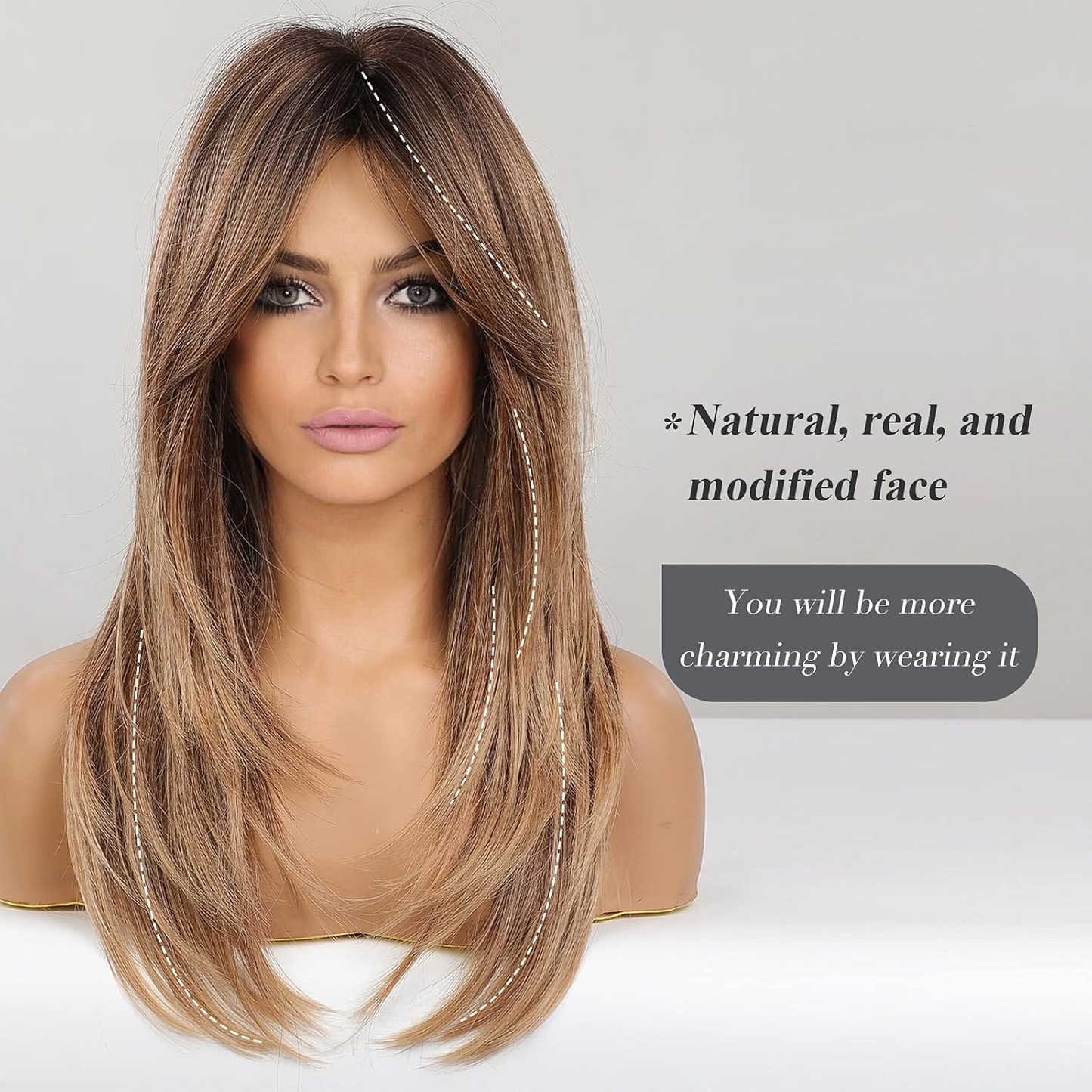 Long Layered Synthetic Hair Wigs for Women with Bang (Ombre Mixed Brown)