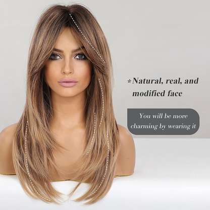 Long Layered Synthetic Hair Wigs for Women with Bang (Ombre Mixed Brown)