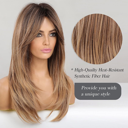 Long Layered Synthetic Hair Wigs for Women with Bang (Ombre Mixed Brown)