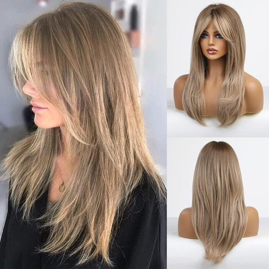 Long Layered Synthetic Hair Wigs for Women with Bang (Dark Blonde)