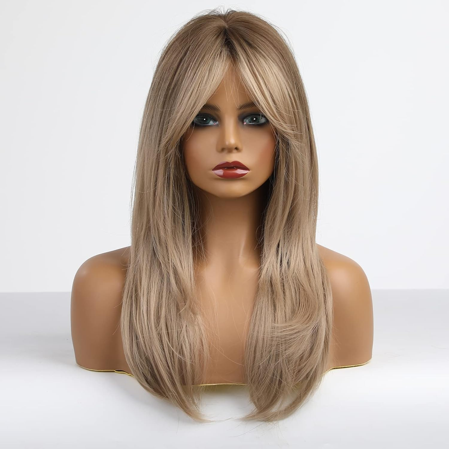 Long Layered Synthetic Hair Wigs for Women with Bang (Dark Blonde)