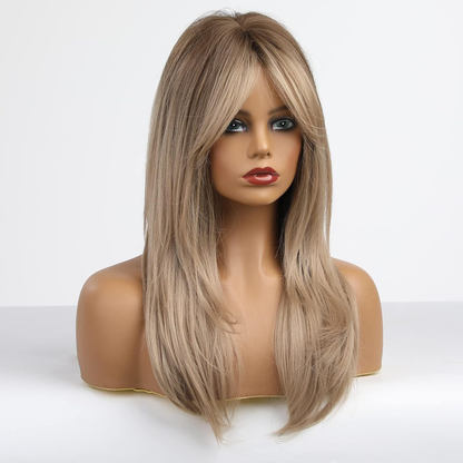 Long Layered Synthetic Hair Wigs for Women with Bang (Dark Blonde)