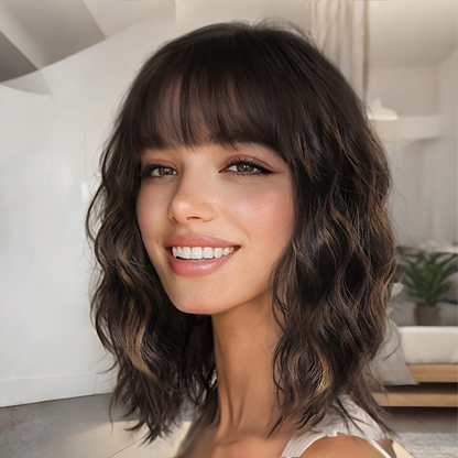 Short Wavy Wig with Bangs for Women Shoulder Length Bob Curly Women's Charming Synthetic Wigs with Natural Wavy Black To Brown Heat Resistant Hair for Daily Party Use