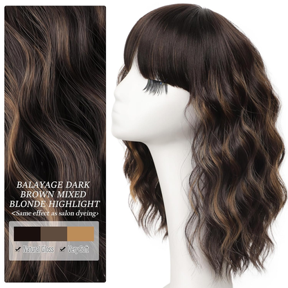 Short Wavy Wig with Bangs for Women Shoulder Length Bob Curly Women's Charming Synthetic Wigs with Natural Wavy Black To Brown Heat Resistant Hair for Daily Party Use