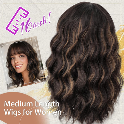 Short Wavy Wig with Bangs for Women Shoulder Length Bob Curly Women's Charming Synthetic Wigs with Natural Wavy Black To Brown Heat Resistant Hair for Daily Party Use