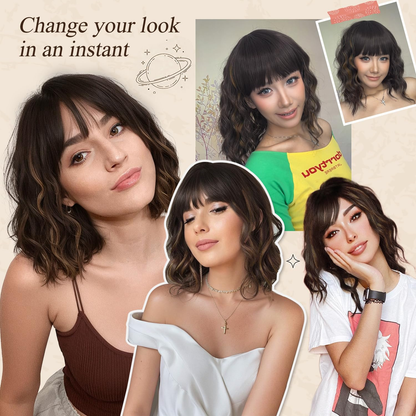 Short Wavy Wig with Bangs for Women Shoulder Length Bob Curly Women's Charming Synthetic Wigs with Natural Wavy Black To Brown Heat Resistant Hair for Daily Party Use