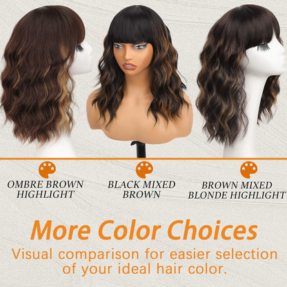 Short Wavy Wig with Bangs for Women Shoulder Length Bob Curly Women's Charming Synthetic Wigs with Natural Wavy Black To Brown Heat Resistant Hair for Daily Party Use