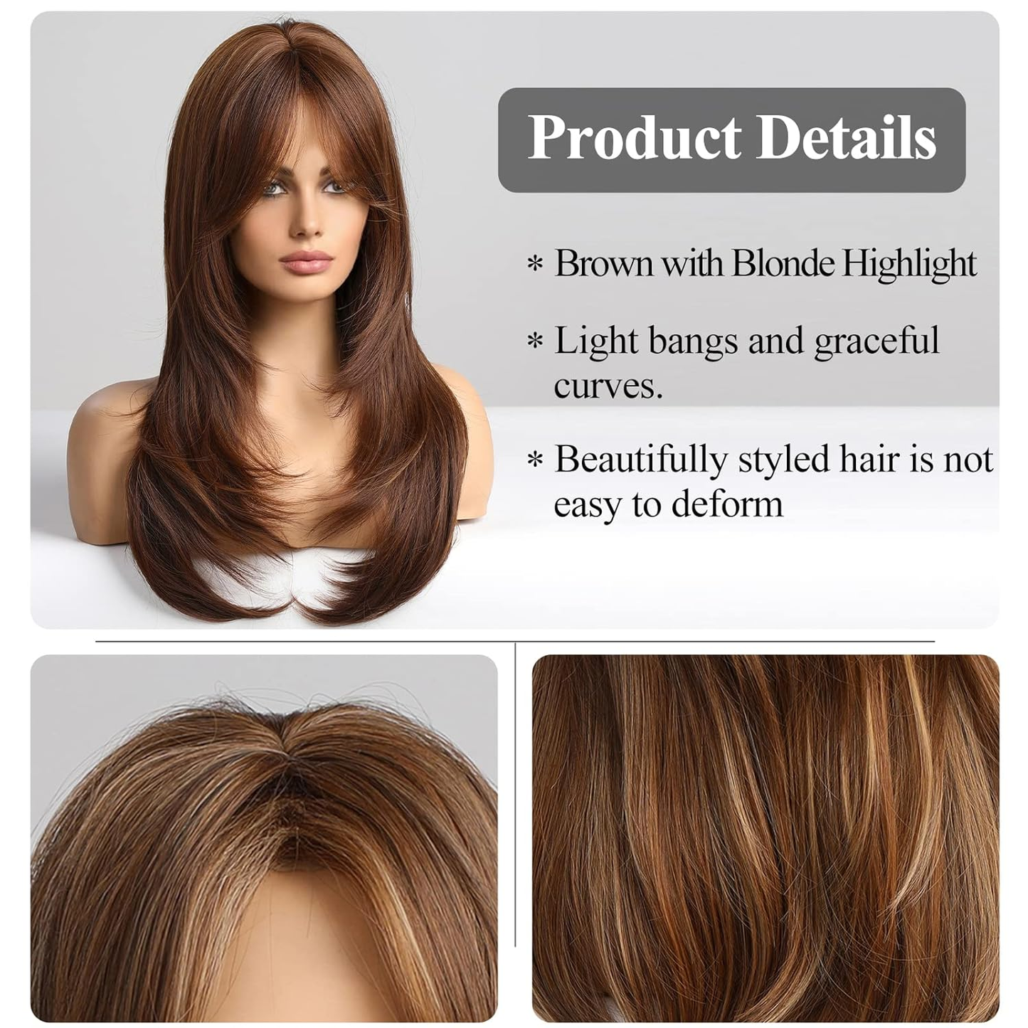 Brown Wigs for Women,Long Layered Brown with Blonde Highlight Wigs with Bangs Heat Resistant Synthetic Fibre Wigs(pelucas de cabello natural)