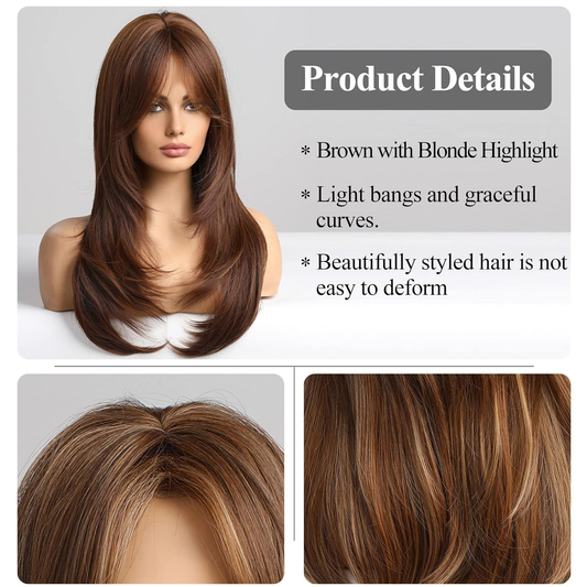 Brown Wigs for Women,Long Layered Brown with Blonde Highlight Wigs with Bangs Heat Resistant Synthetic Fibre Wigs(pelucas de cabello natural)