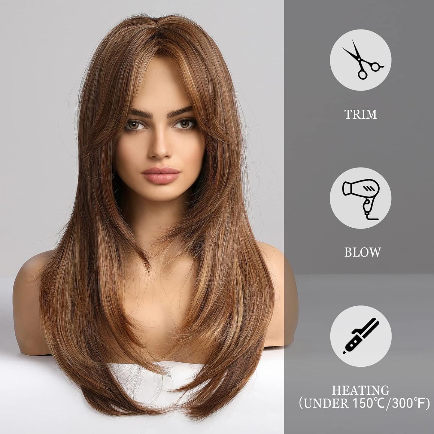 Brown Wigs for Women,Long Layered Brown with Blonde Highlight Wigs with Bangs Heat Resistant Synthetic Fibre Wigs(pelucas de cabello natural)