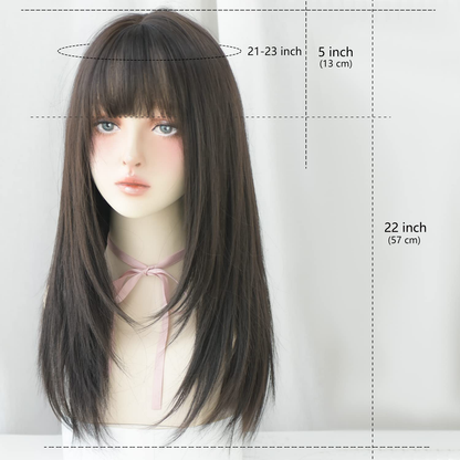 Black Wigs with Bangs Synthetic Dark Brown Wig Long Straight Wig for Women Party and cosplay wig (23" Natural Black NEW)