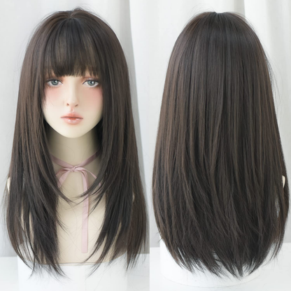 Black Wigs with Bangs Synthetic Dark Brown Wig Long Straight Wig for Women Party and cosplay wig (23" Natural Black NEW)